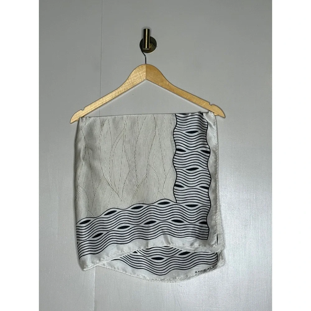 Anne Klein 100% Silk Scarf Ivory Black Abstract Stripe Square 34x32